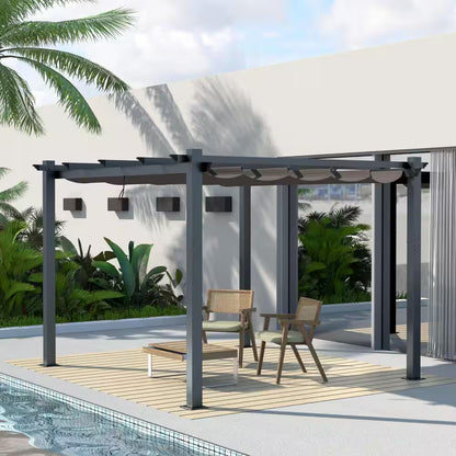 10 Ft. W X 10 Ft. D Aluminum Pergola Outdoor with Dark Gray Retractable Canopy