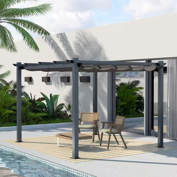 10 Ft. W X 10 Ft. D Aluminum Pergola Outdoor with Dark Gray Retractable Canopy