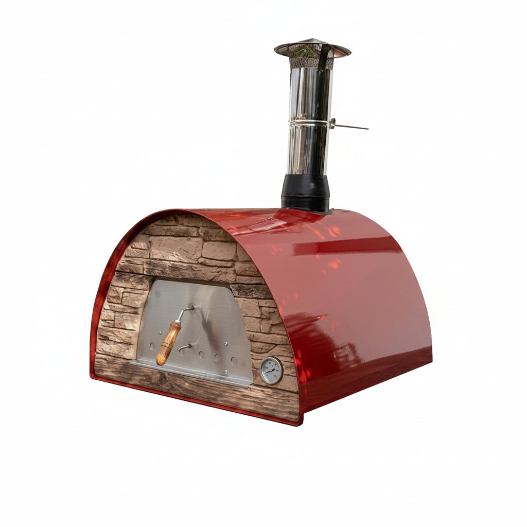 Maximus Red Wood-Fired Portable Outdoor Pizza Oven, Handmade in Portugal, Stainless Steel Chimney, Pizza Peel, Thermometer, Extra Floor Tile & Baking Dish Included