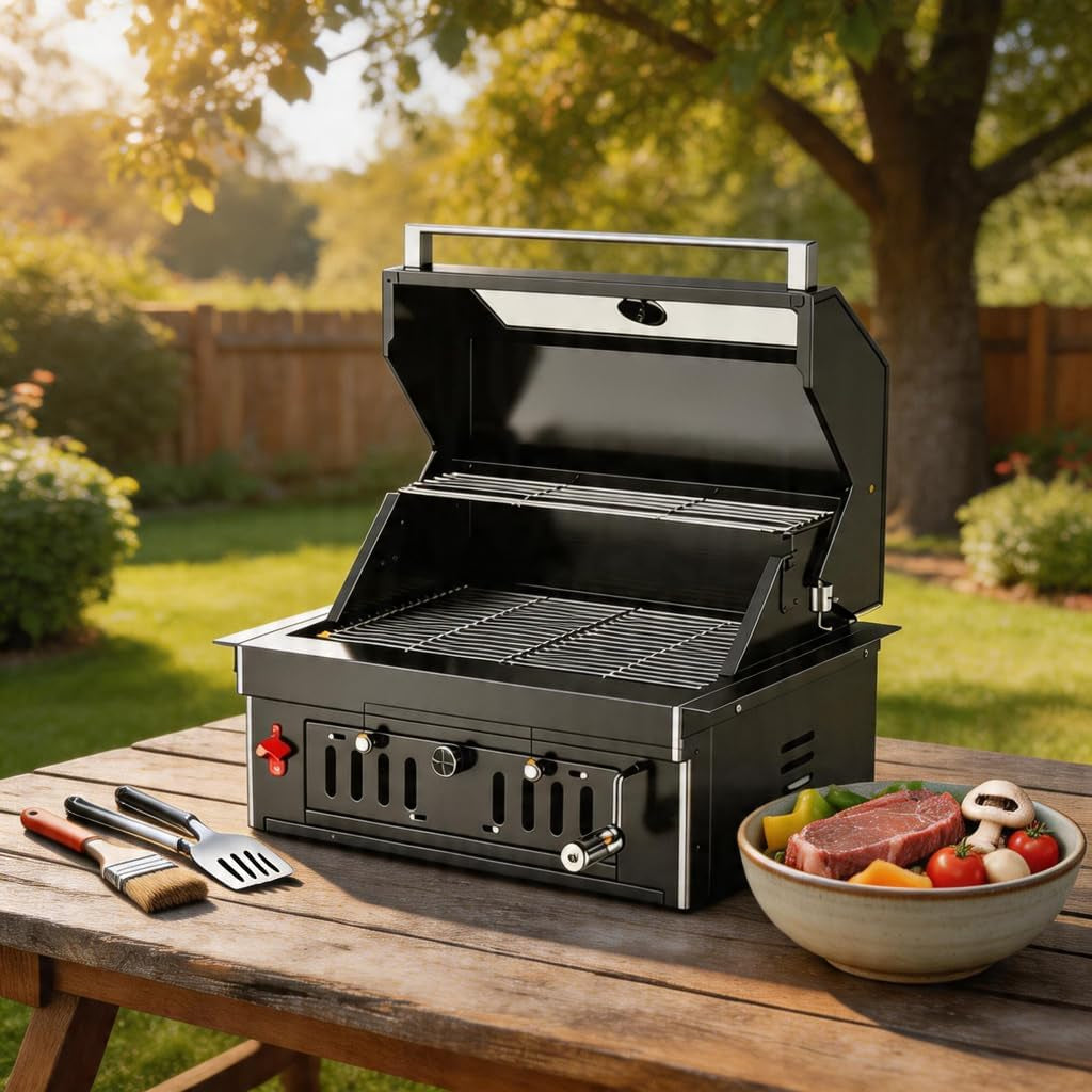 27-Inch Heavy Duty Charcoal Grill, 304 Stainless Steel Portable Outdoor BBQ with Adjustable Tray, Large Front Door & Side Vents for Backyard, Patio, Camping Family BBQ Gatherings