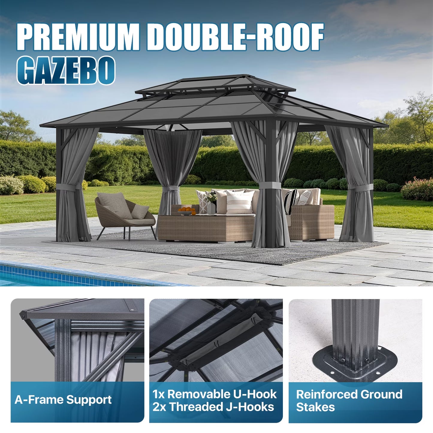 12' X 16' Hardtop Gazebo,Polycarbonate Double Roof,Aluminum Frame with Curtains and Netting for Patio,Garden,Gray
