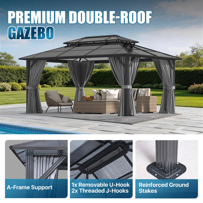 12' X 16' Hardtop Gazebo,Polycarbonate Double Roof,Aluminum Frame with Curtains and Netting for Patio,Garden,Gray