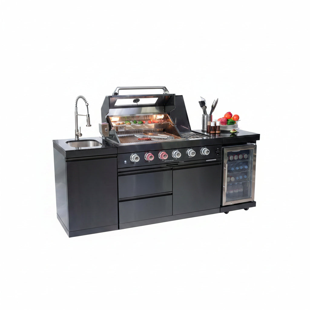 Outdoor Kitchen Island Gas Grill System 4 Burner BBQ Island with Rotisserie Kit, Integrated Sink, Wine Cooler & Granite Countertop