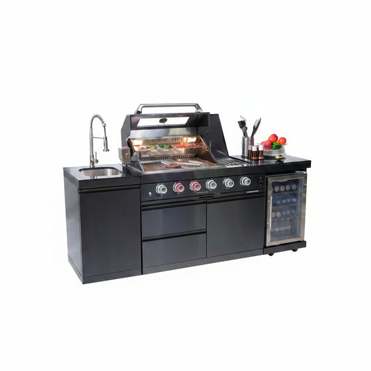 Outdoor Kitchen Island Gas Grill System 4 Burner BBQ Island with Rotisserie Kit, Integrated Sink, Wine Cooler & Granite Countertop