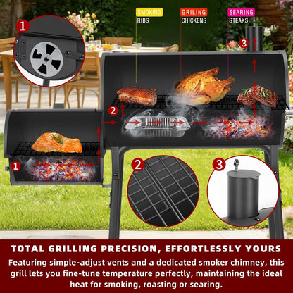 Charcoal Grill Offset Smoker 535 Sq.In.With Front Table for Outdoor BBQ
