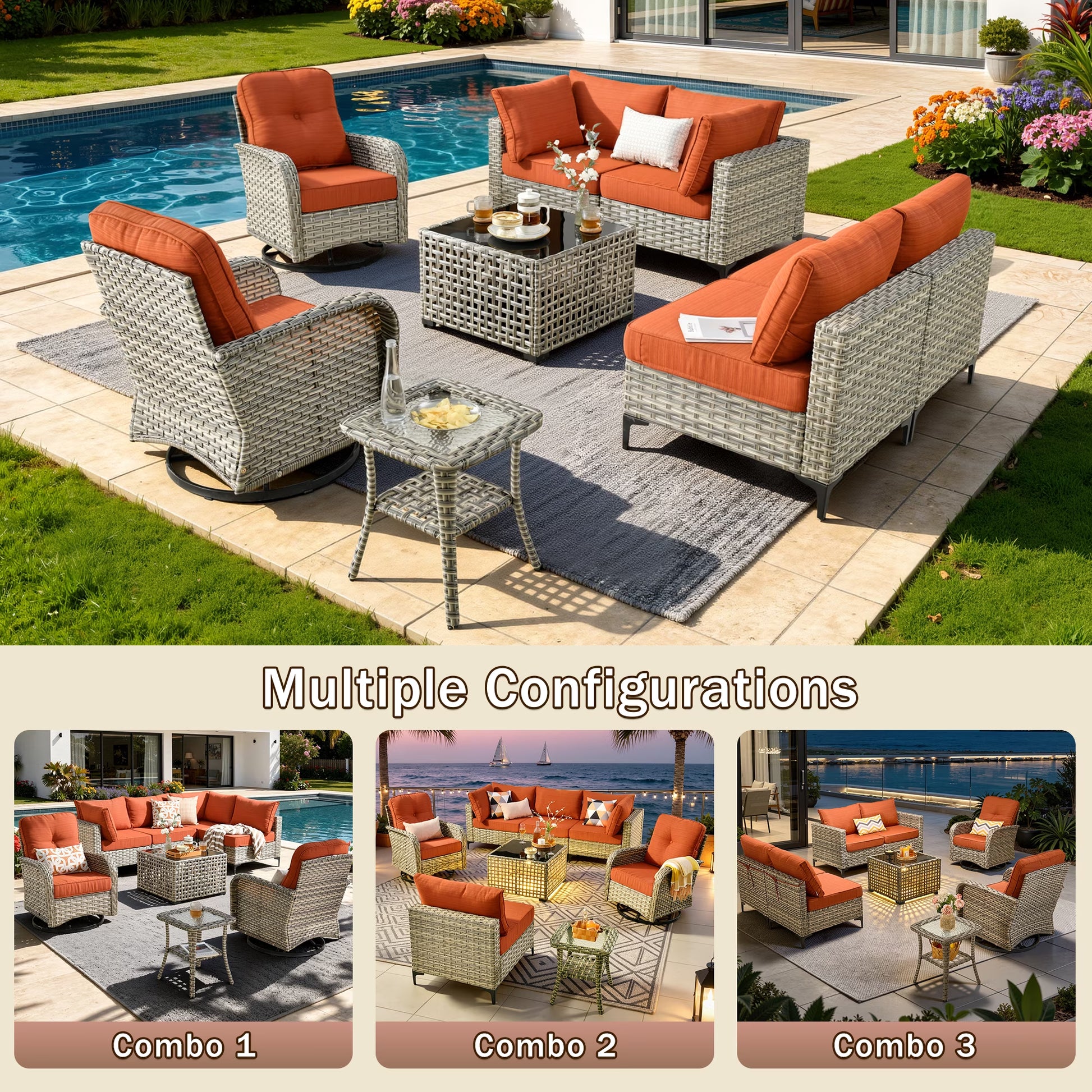 Outdoor Patio Furniture Sets 8 Pieces Sectional Sofa Wicker Conversation Set with Swivel Glider Chairs and Solar Powered Coffee Table for Porch, Deck, Orange Red