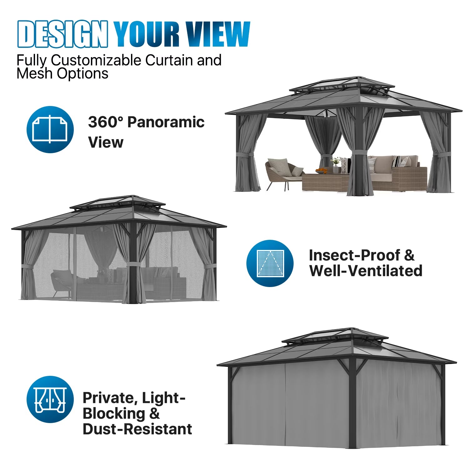 12' X 16' Hardtop Gazebo,Polycarbonate Double Roof,Aluminum Frame with Curtains and Netting for Patio,Garden,Gray
