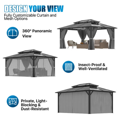 12' X 16' Hardtop Gazebo,Polycarbonate Double Roof,Aluminum Frame with Curtains and Netting for Patio,Garden,Gray