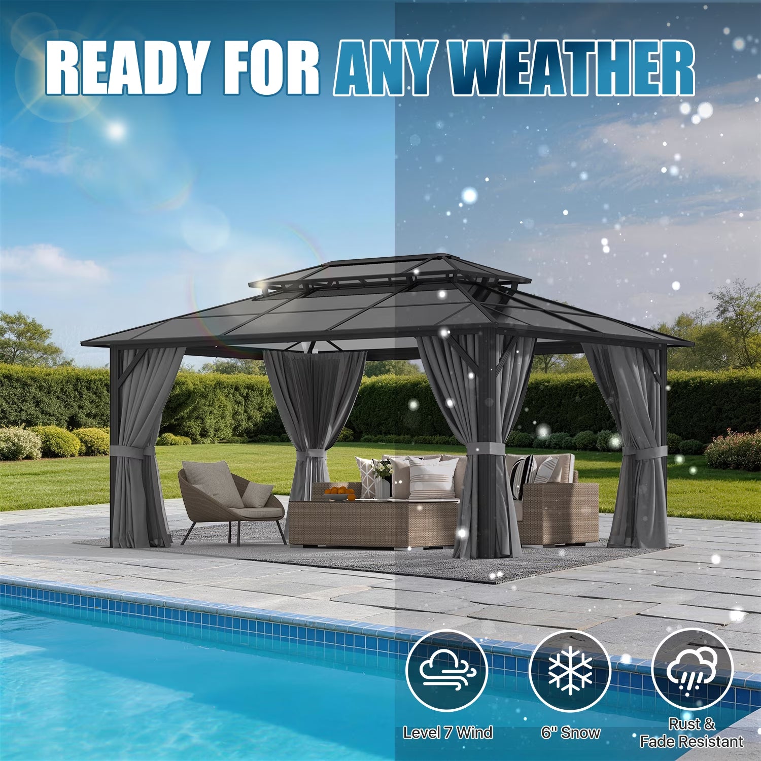 12' X 16' Hardtop Gazebo,Polycarbonate Double Roof,Aluminum Frame with Curtains and Netting for Patio,Garden,Gray