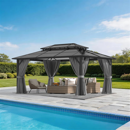 12' X 16' Hardtop Gazebo,Polycarbonate Double Roof,Aluminum Frame with Curtains and Netting for Patio,Garden,Gray