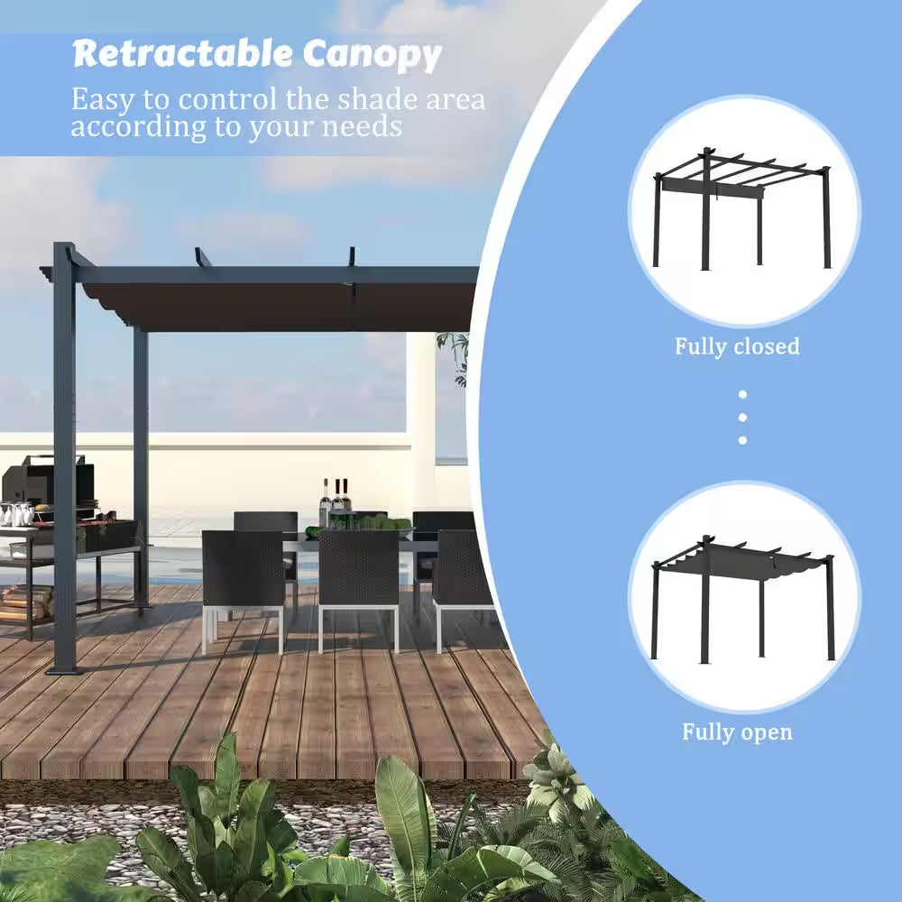10 Ft. W X 10 Ft. D Aluminum Pergola Outdoor with Dark Gray Retractable Canopy