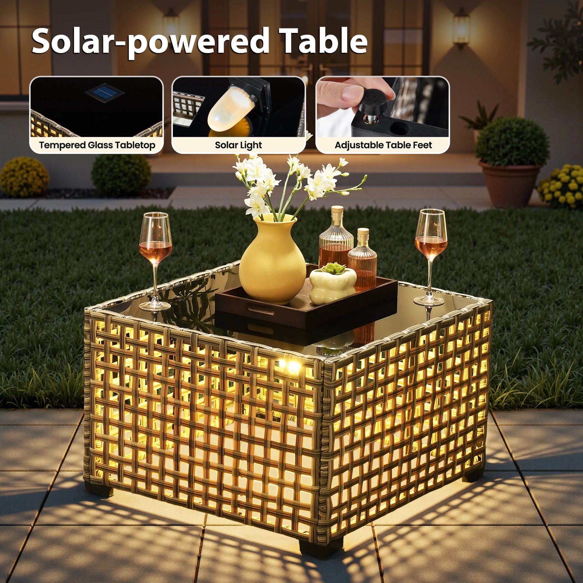 Outdoor Patio Furniture Sets 8 Pieces Sectional Sofa Wicker Conversation Set with Swivel Glider Chairs and Solar Powered Coffee Table for Porch, Deck, Orange Red