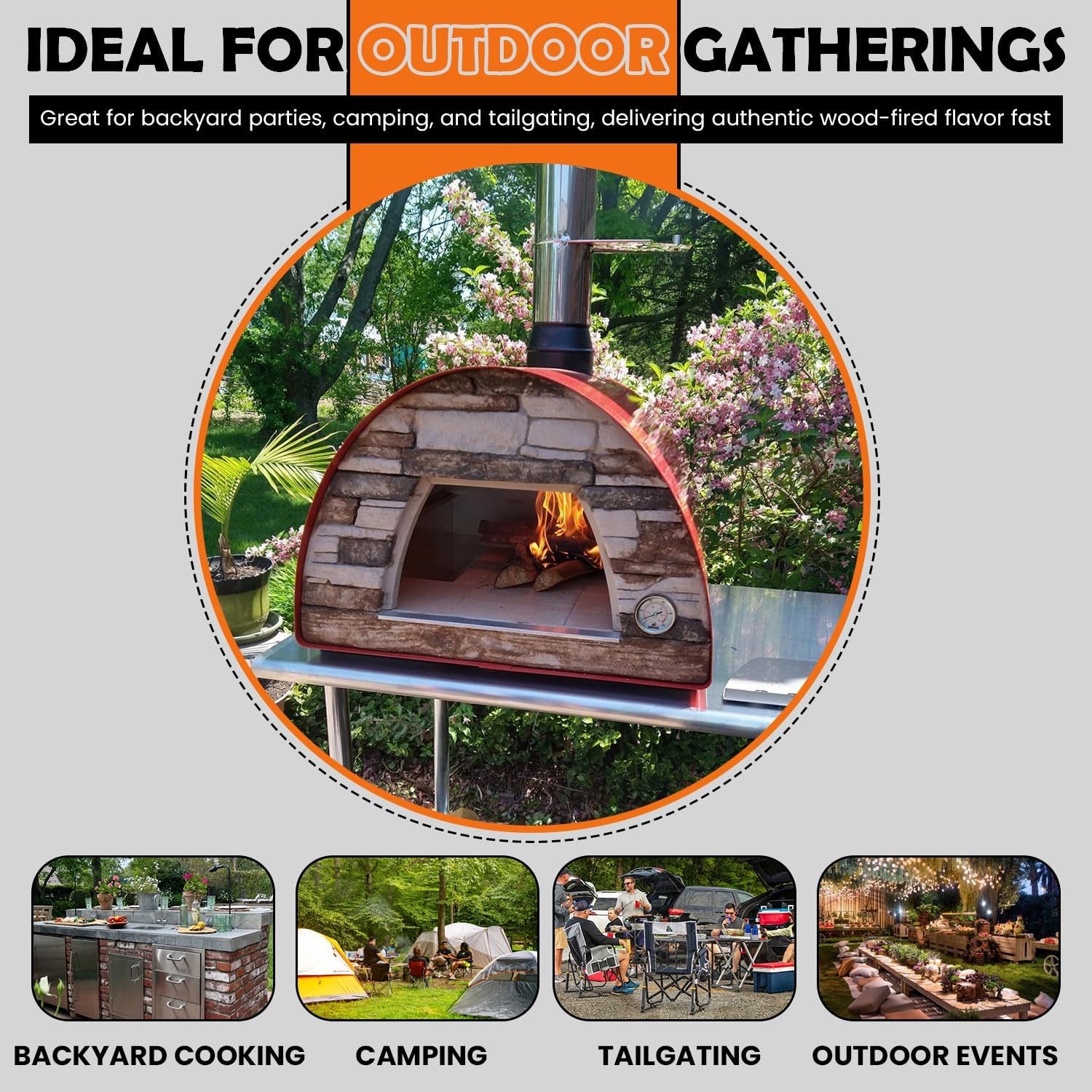 Maximus Red Wood-Fired Portable Outdoor Pizza Oven, Handmade in Portugal, Stainless Steel Chimney, Pizza Peel, Thermometer, Extra Floor Tile & Baking Dish Included
