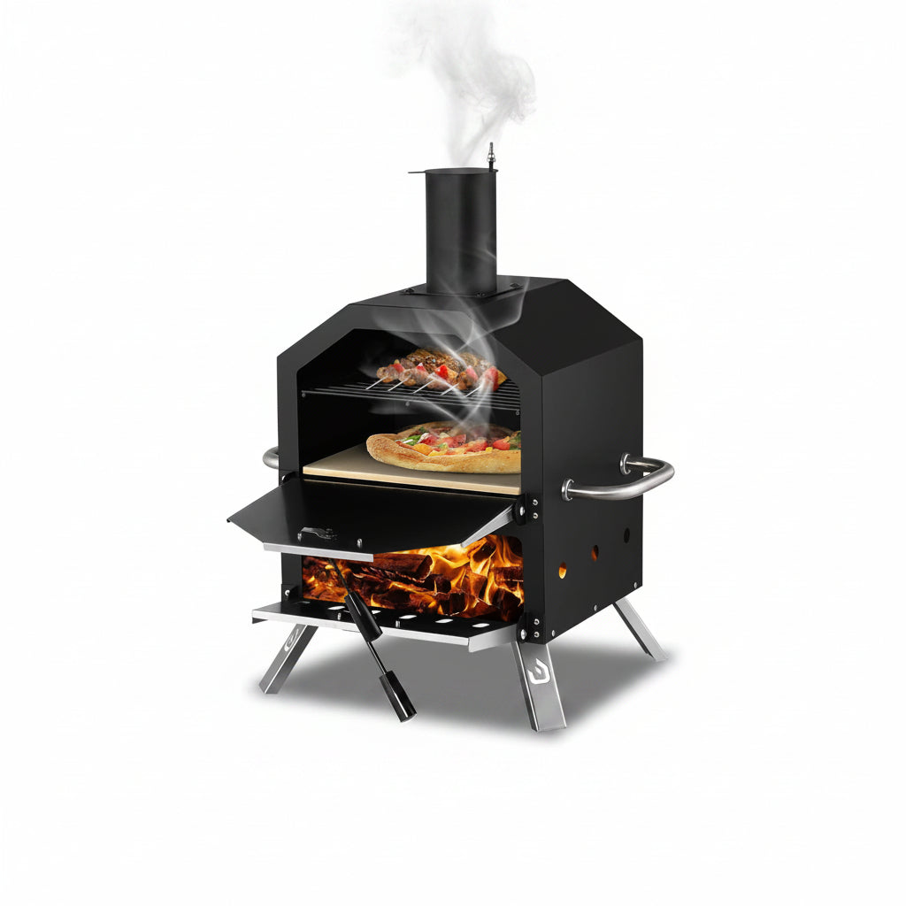 Outdoor Pizza Oven Wood Fired 2-Layer Pizza Ovens outside Pizza Maker with Stone, Pizza Peel, Cover,Removable Cooking Rack for Camping Backyard BBQ (Black)