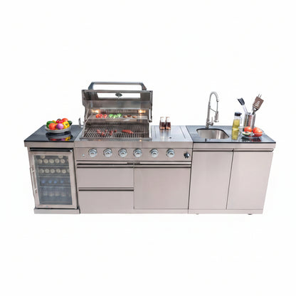 Modular Outdoor Kitchen BBQ Island, 104" Outdoor Kitchen Propane Gas Island Grill with Sink, Compact Refrigerator, Storage Cabinets, Rotisserie Kit (Silver, 104")