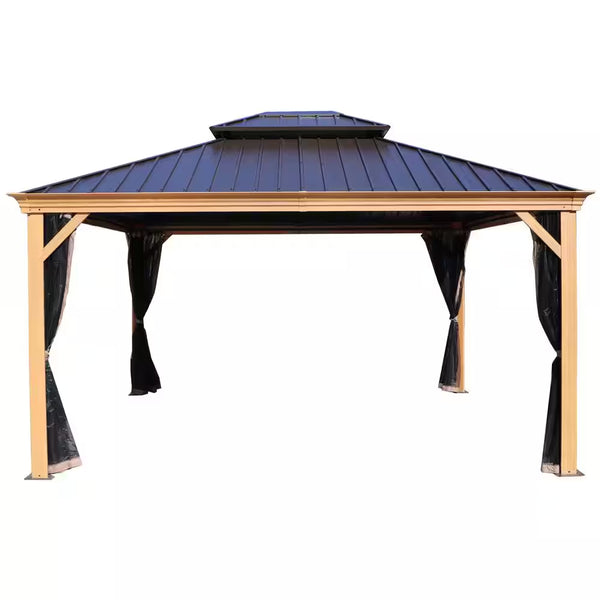 Apollo 12 Ft. X 14 Ft. Wood like Aluminum Hardtop Gazebo with Galvanized Steel Roof and Mosquito Net