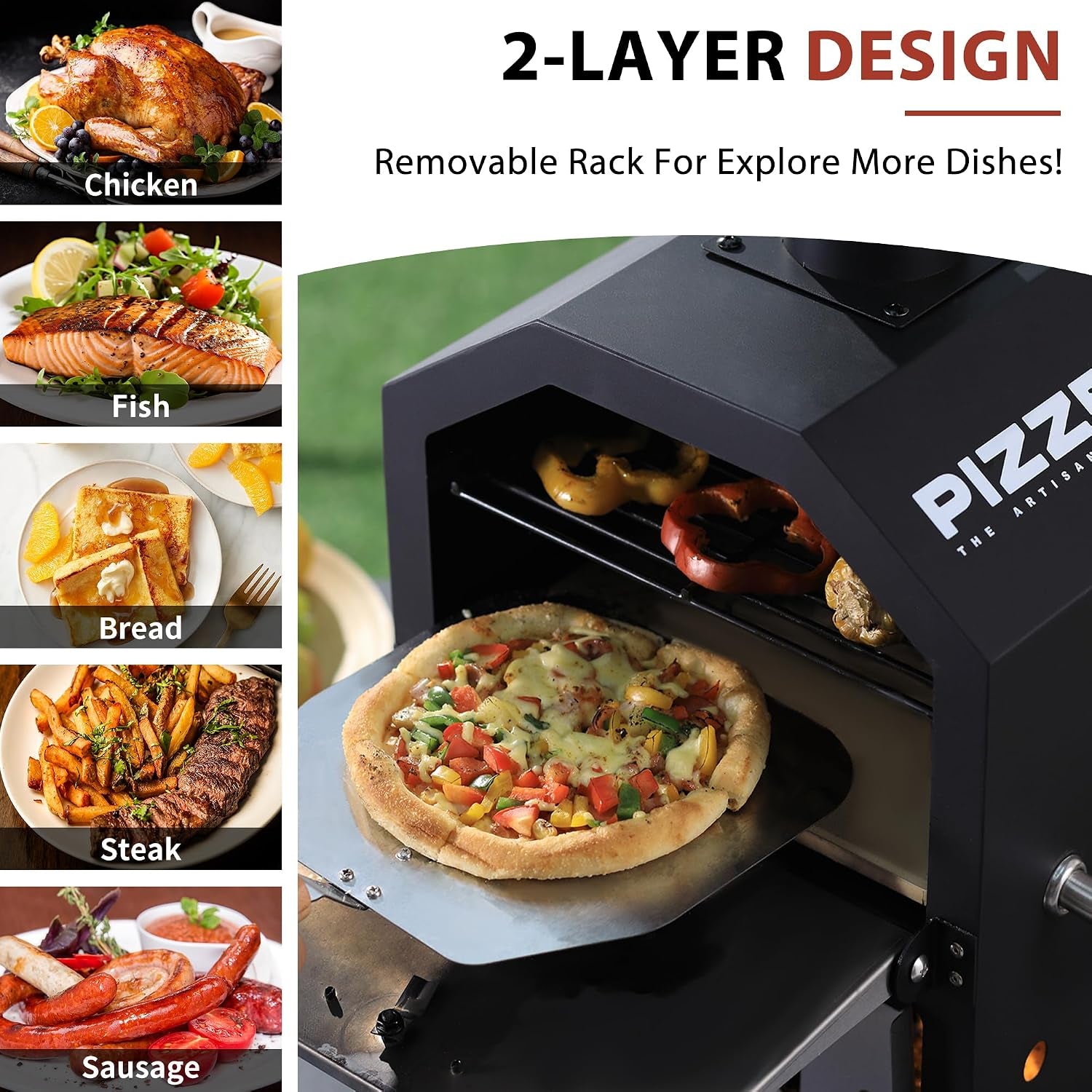 Outdoor Pizza Oven Wood Fired 2-Layer Pizza Ovens outside Pizza Maker with Stone, Pizza Peel, Cover,Removable Cooking Rack for Camping Backyard BBQ (Black)