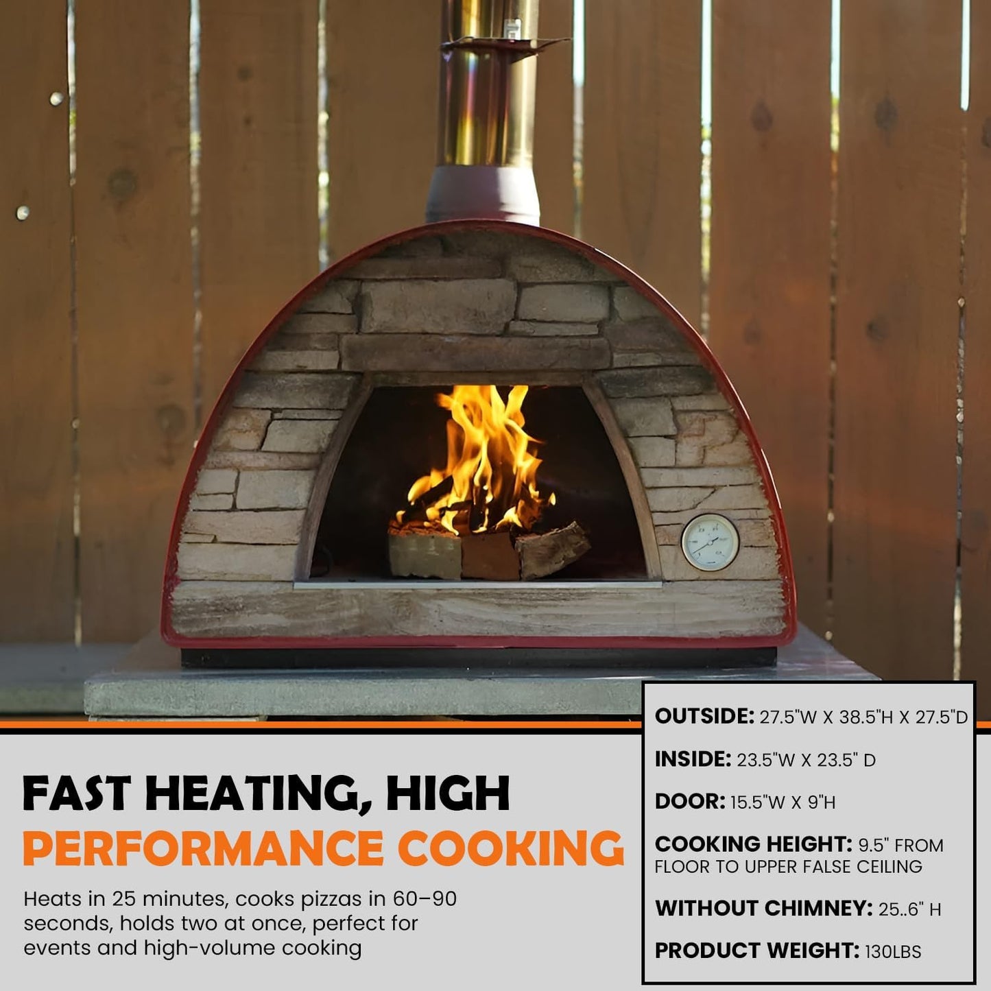 Maximus Red Wood-Fired Portable Outdoor Pizza Oven, Handmade in Portugal, Stainless Steel Chimney, Pizza Peel, Thermometer, Extra Floor Tile & Baking Dish Included