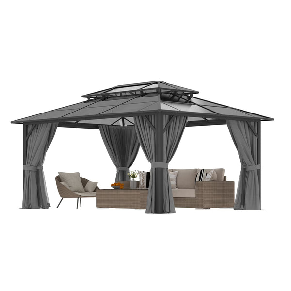 12' X 16' Hardtop Gazebo,Polycarbonate Double Roof,Aluminum Frame with Curtains and Netting for Patio,Garden,Gray
