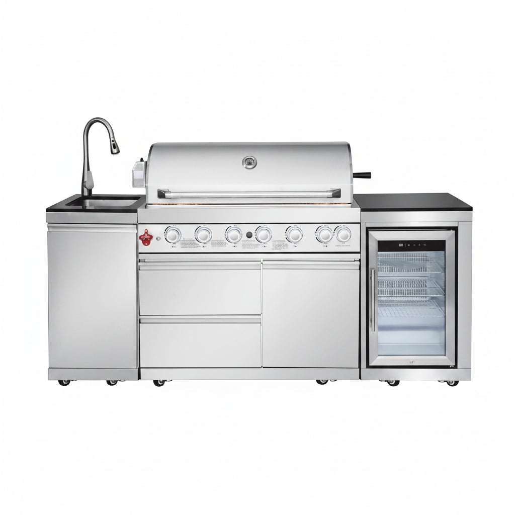 Outdoor Kitchen Island with Built in Grill, 6 Burner 83500 BTU Stainless Steel Gas Barbecue Island, Patio Cooking Station with Sink & Wine Cooler, Built in Grill Island for Backyard (Silver)