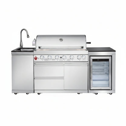 Outdoor Kitchen Island with Built in Grill, 6 Burner 83500 BTU Stainless Steel Gas Barbecue Island, Patio Cooking Station with Sink & Wine Cooler, Built in Grill Island for Backyard (Silver)