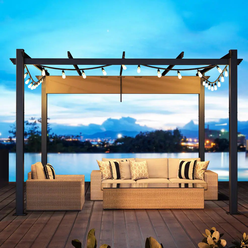 10 Ft. W X 10 Ft. D Aluminum Pergola Outdoor with Dark Gray Retractable Canopy