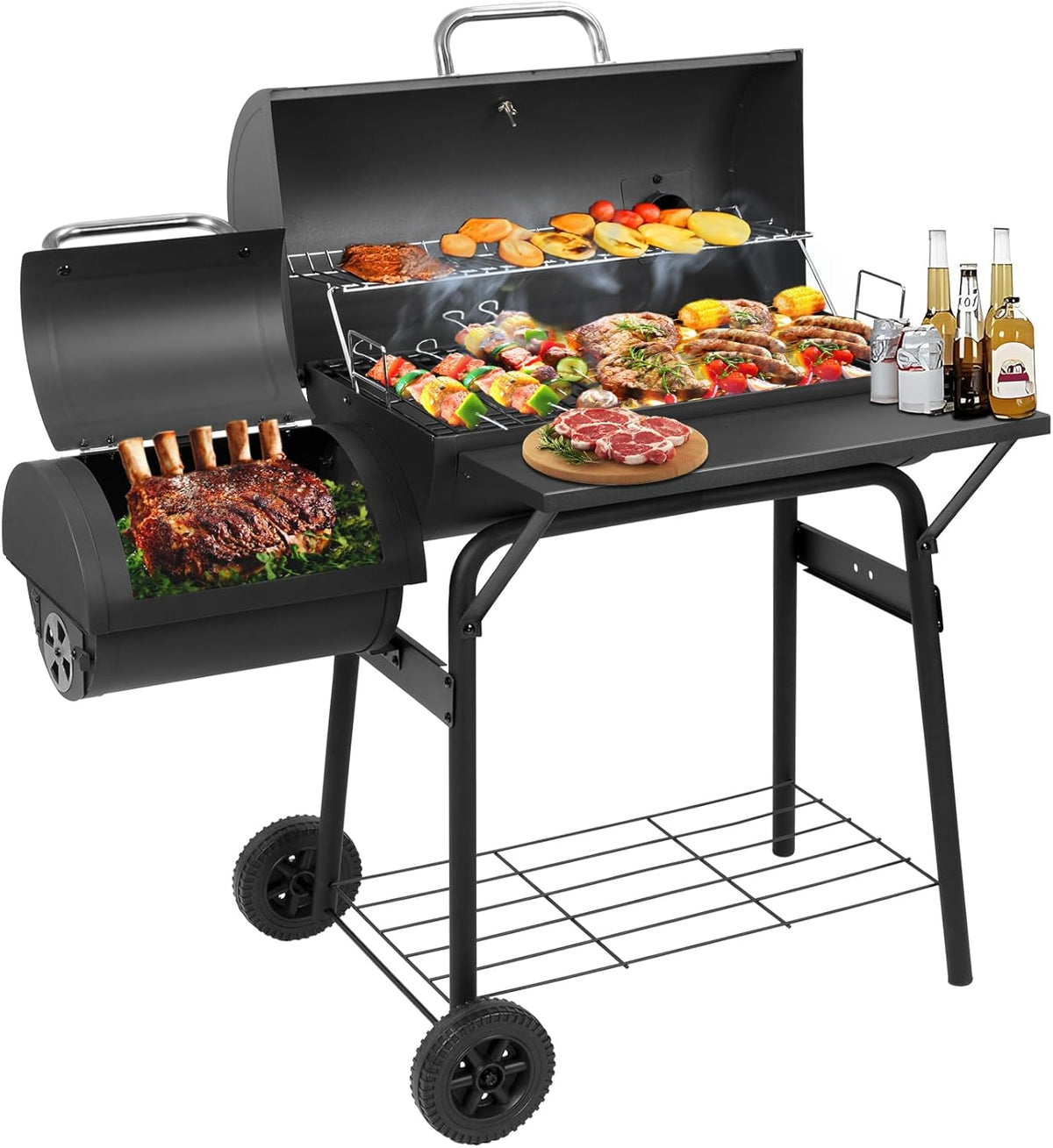Charcoal Grill Offset Smoker 535 Sq.In.With Front Table for Outdoor BBQ
