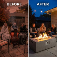 Outdoor Fire Table Built for Year-Round Gathering, Cast Concrete, 45,000 BTU, Liquid Propane, 56x32" — Before & After