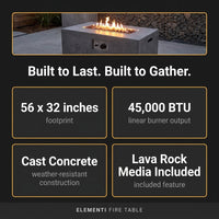 Outdoor Fire Table Built for Year-Round Gathering, Cast Concrete, 45,000 BTU, Liquid Propane, 56x32" — Results & Stats