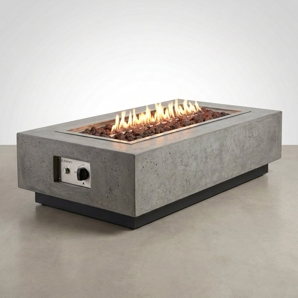 Outdoor Fire Table Built for Year-Round Gathering, Cast Concrete, 45,000 BTU, Liquid Propane, 56x32" — Studio Shot