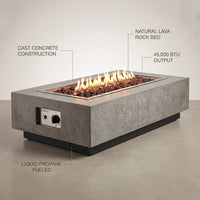 Outdoor Fire Table Built for Year-Round Gathering, Cast Concrete, 45,000 BTU, Liquid Propane, 56x32" — infographic