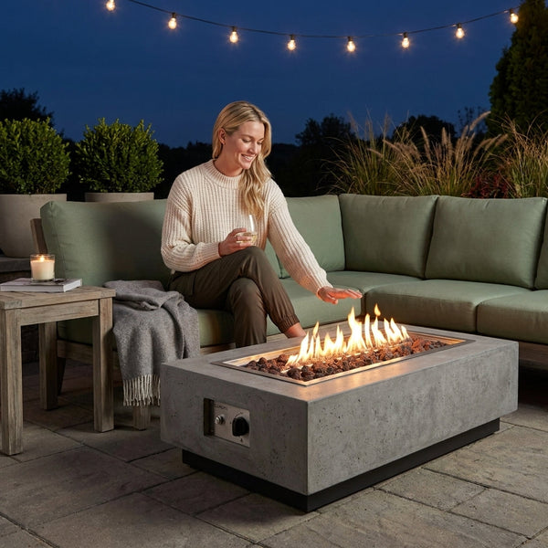 Outdoor Fire Table Built for Year-Round Gathering, Cast Concrete, 45,000 BTU, Liquid Propane, 56x32