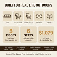 Wicker Patio Furniture Sets,5 Pieces Outdoor Conversation Sets with Swivel Rocker Chairs Sofa and Ottomans for Deck Porch Poolside — Results & Stats