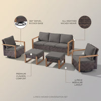Wicker Patio Furniture Sets,5 Pieces Outdoor Conversation Sets with Swivel Rocker Chairs Sofa and Ottomans for Deck Porch Poolside — infographic