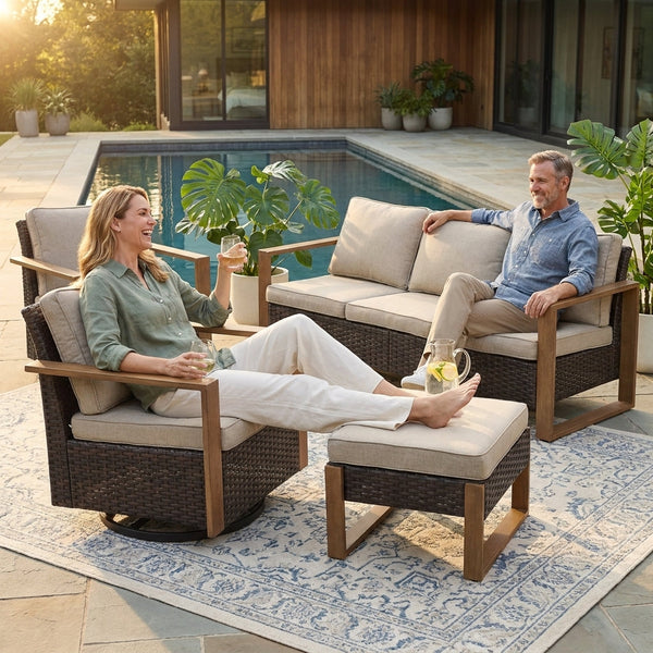 Outdoor Conversation Set Built for All-Weather Comfort, 5 Pieces, Swivel Rocker Chairs, PE Wicker