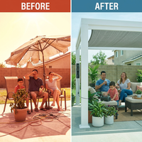 Windham 14' X 10' Modern Galvanized Steel Outdoor Patio Pergola Kit with Shade Sail Canopy and Powerport — Before & After