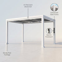 Windham 14' X 10' Modern Galvanized Steel Outdoor Patio Pergola Kit with Shade Sail Canopy and Powerport — infographic