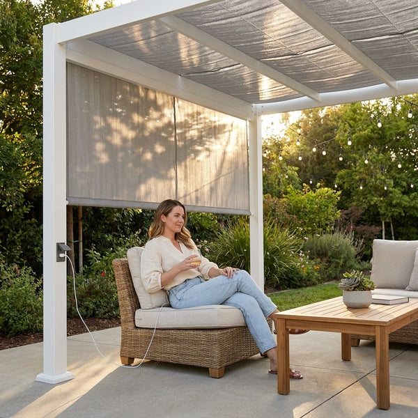 Outdoor Steel Pergola Kit Built for Weather Resistance, 14' x 10' Galvanized Frame, Shade Sail Canopy, PowerPort