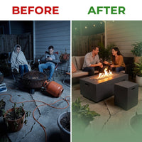 Zachary 40 In. X 15 In. Rectangular Concrete Propane Outdoor Patio Fire Pit in Dark Gray with Tank Holder — Before & After