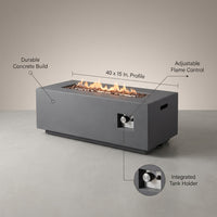 Zachary 40 In. X 15 In. Rectangular Concrete Propane Outdoor Patio Fire Pit in Dark Gray with Tank Holder — infographic