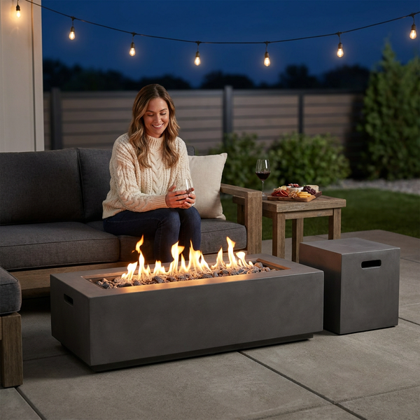 Rectangular Fire Pit Built for Outdoor Gathering, 40x15 Inch Concrete, Propane Gas, Hidden Tank Holder