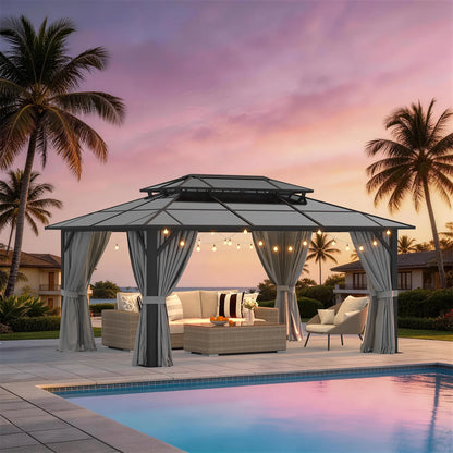 12' X 16' Hardtop Gazebo,Polycarbonate Double Roof,Aluminum Frame with Curtains and Netting for Patio,Garden,Gray