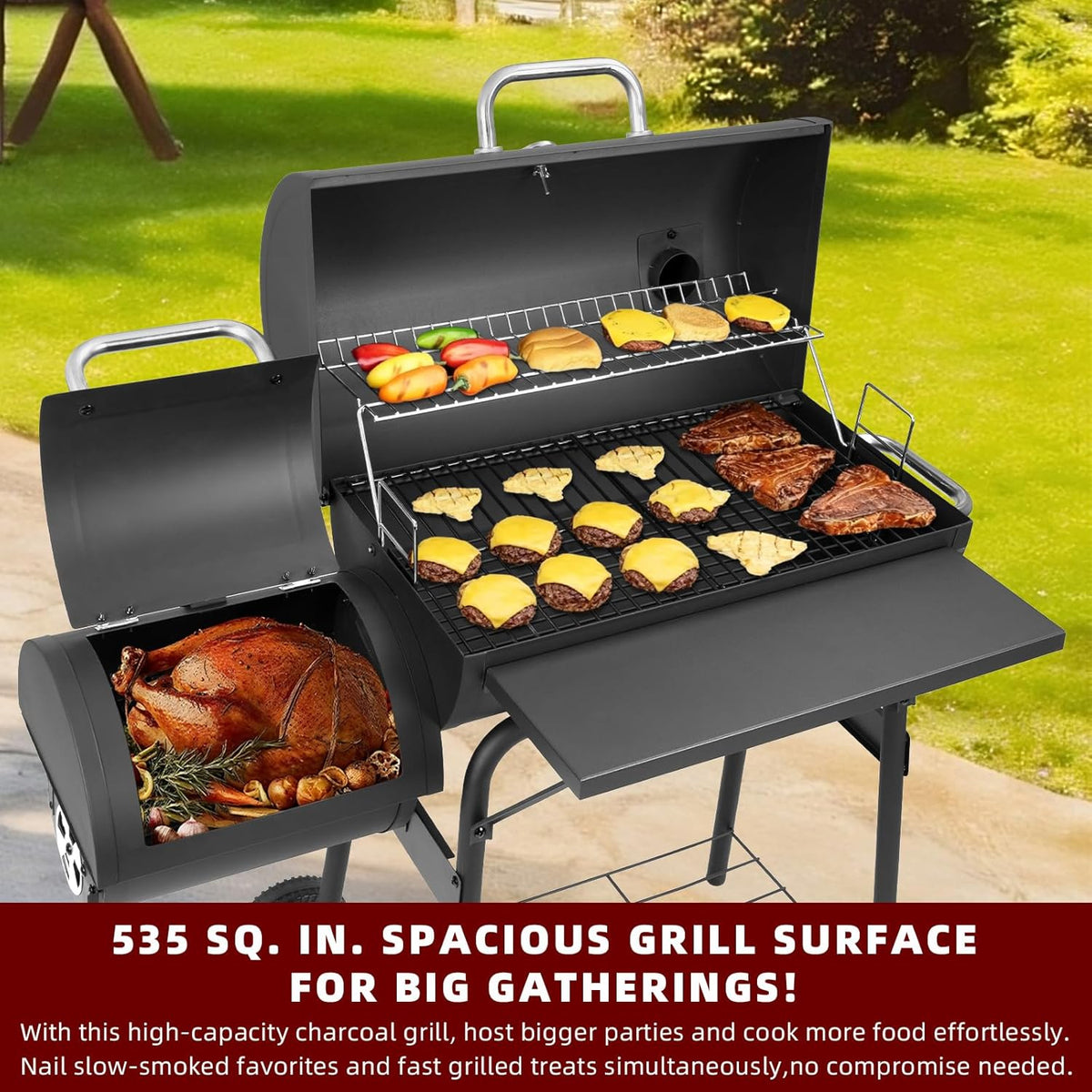 Charcoal Grill Offset Smoker 535 Sq.In.With Front Table for Outdoor BBQ
