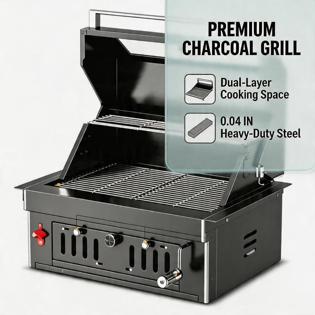 27-Inch Heavy Duty Charcoal Grill, 304 Stainless Steel Portable Outdoor BBQ with Adjustable Tray, Large Front Door & Side Vents for Backyard, Patio, Camping Family BBQ Gatherings