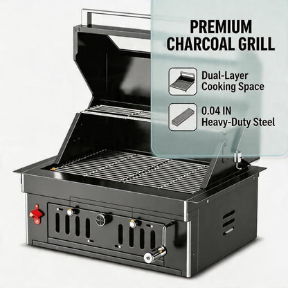 27-Inch Heavy Duty Charcoal Grill, 304 Stainless Steel Portable Outdoor BBQ with Adjustable Tray, Large Front Door & Side Vents for Backyard, Patio, Camping Family BBQ Gatherings