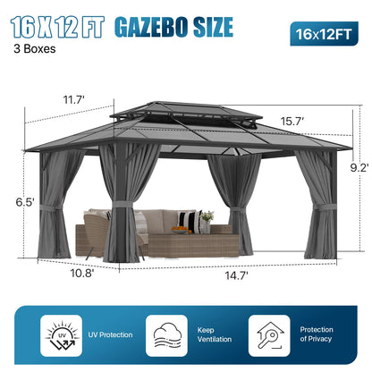 12' X 16' Hardtop Gazebo,Polycarbonate Double Roof,Aluminum Frame with Curtains and Netting for Patio,Garden,Gray