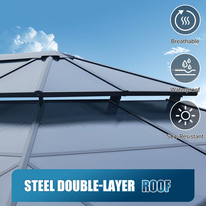 12' X 16' Hardtop Gazebo,Polycarbonate Double Roof,Aluminum Frame with Curtains and Netting for Patio,Garden,Gray