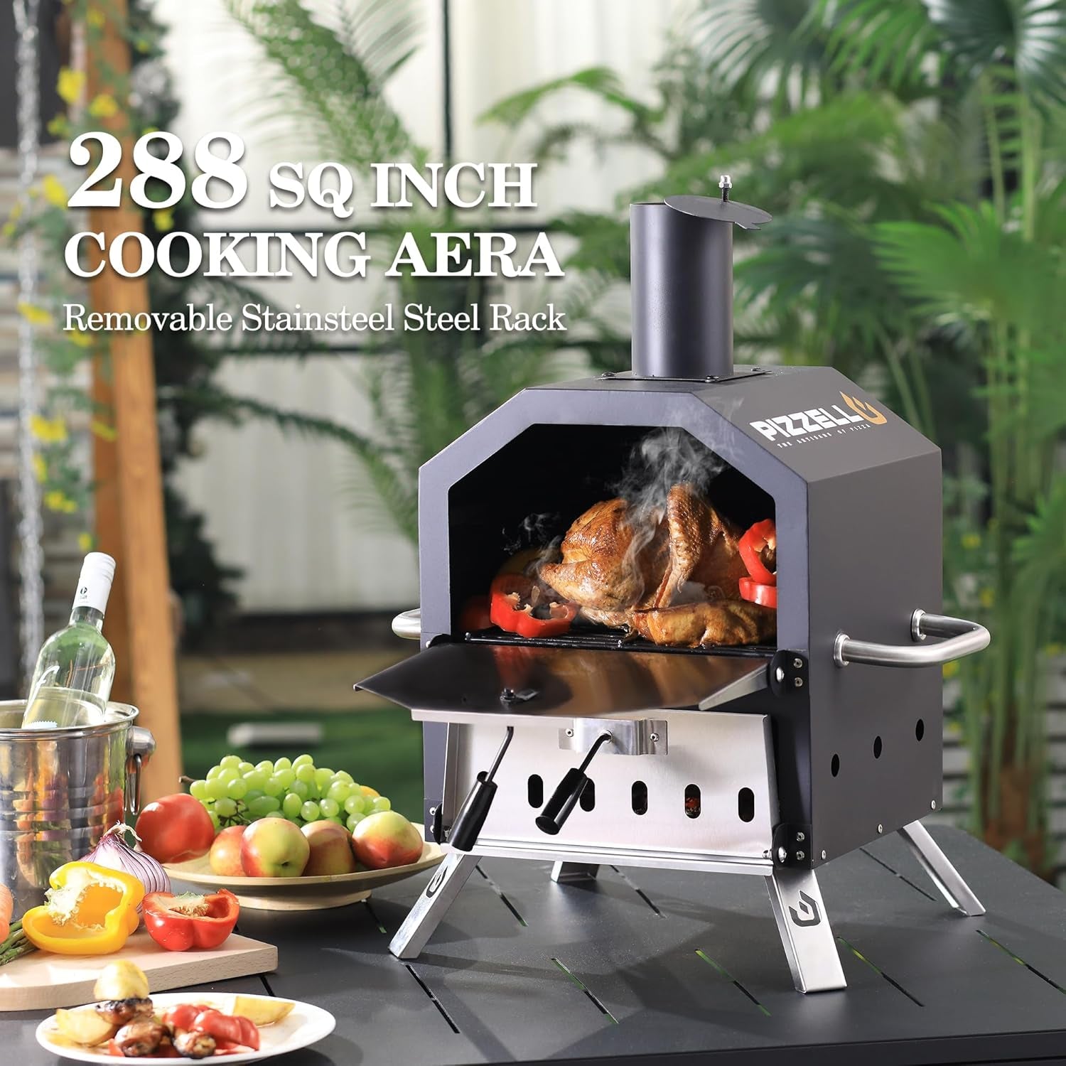 Outdoor Pizza Oven Wood Fired 2-Layer Pizza Ovens outside Pizza Maker with Stone, Pizza Peel, Cover,Removable Cooking Rack for Camping Backyard BBQ (Black)