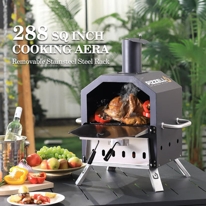 Outdoor Pizza Oven Wood Fired 2-Layer Pizza Ovens outside Pizza Maker with Stone, Pizza Peel, Cover,Removable Cooking Rack for Camping Backyard BBQ (Black)