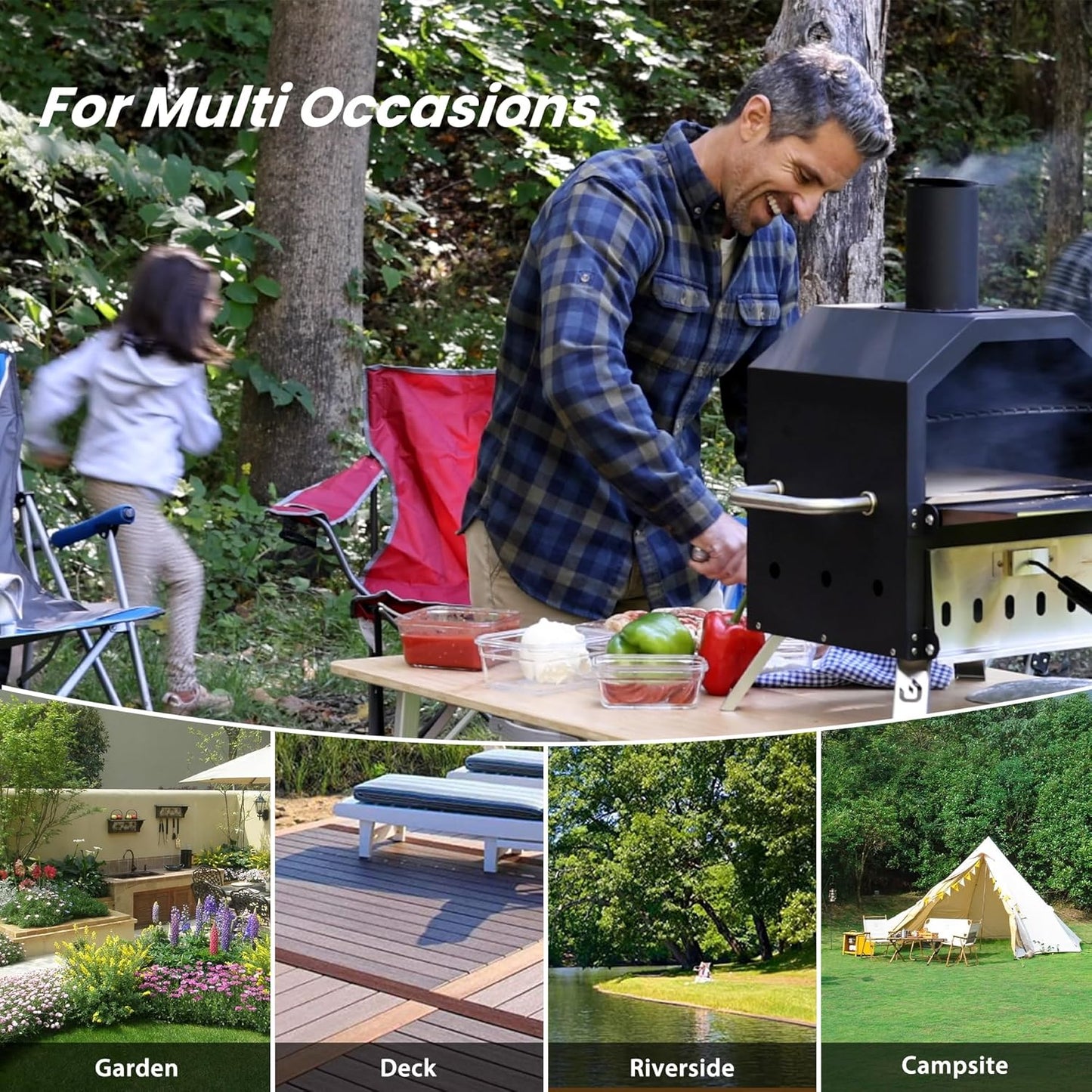 Outdoor Pizza Oven Wood Fired 2-Layer Pizza Ovens outside Pizza Maker with Stone, Pizza Peel, Cover,Removable Cooking Rack for Camping Backyard BBQ (Black)